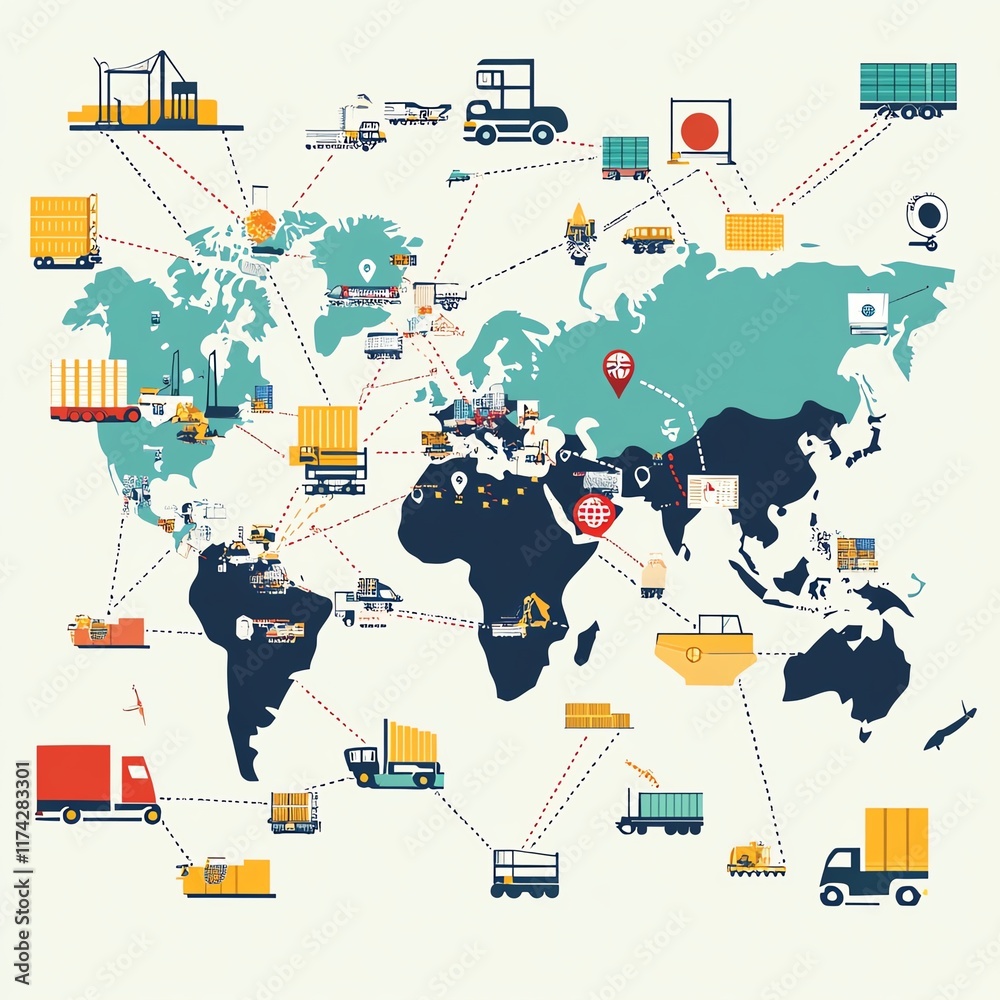 Illustration of global value chains, connecting manufacturers, suppliers, and distributors, visualizing the flow of goods across borders in international trade Illustration of global value chains, connecting manufacturers, suppliers, and distributors, visualizing the flow of goods across borders in international trade
