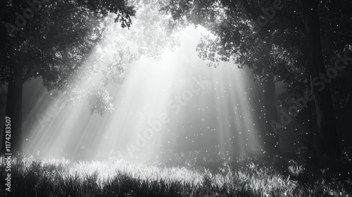 Stunning sunlight beams filtering through the lush tranquil forest canopy creating a mesmerizing magical atmosphere  The dappled light and shadows cast an ethereal otherworldly glow over the peaceful