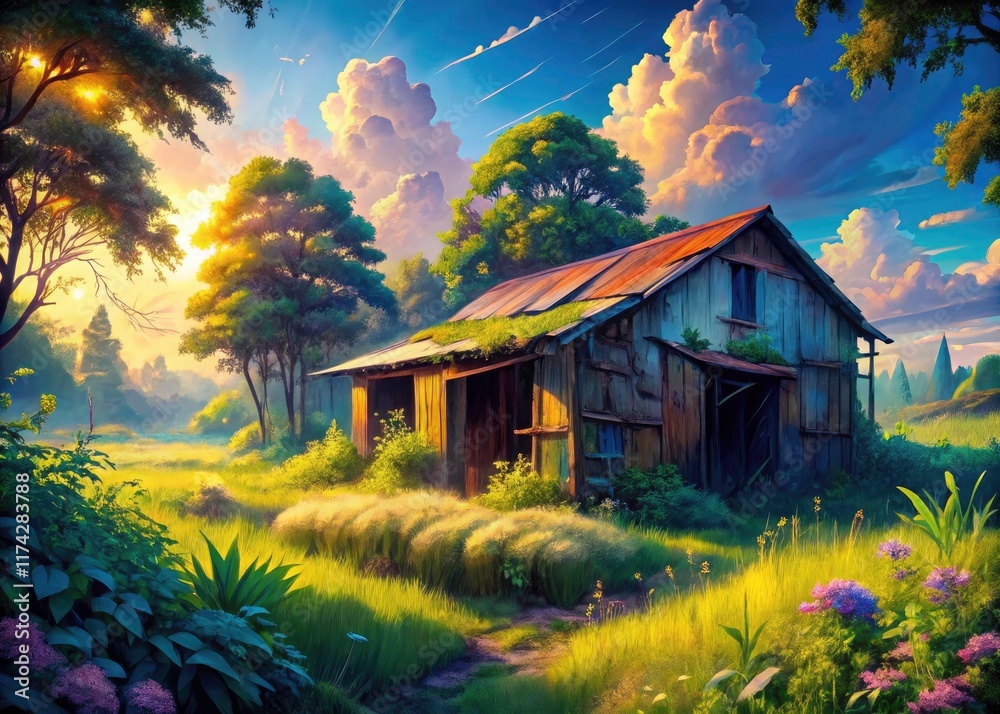 Generative AI paints a lush, overgrown anime countryside panorama, brimming with rustic charm.