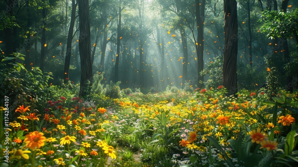 Fototapeta premium A serene forest scene filled with vibrant flowers and soft sunlight.