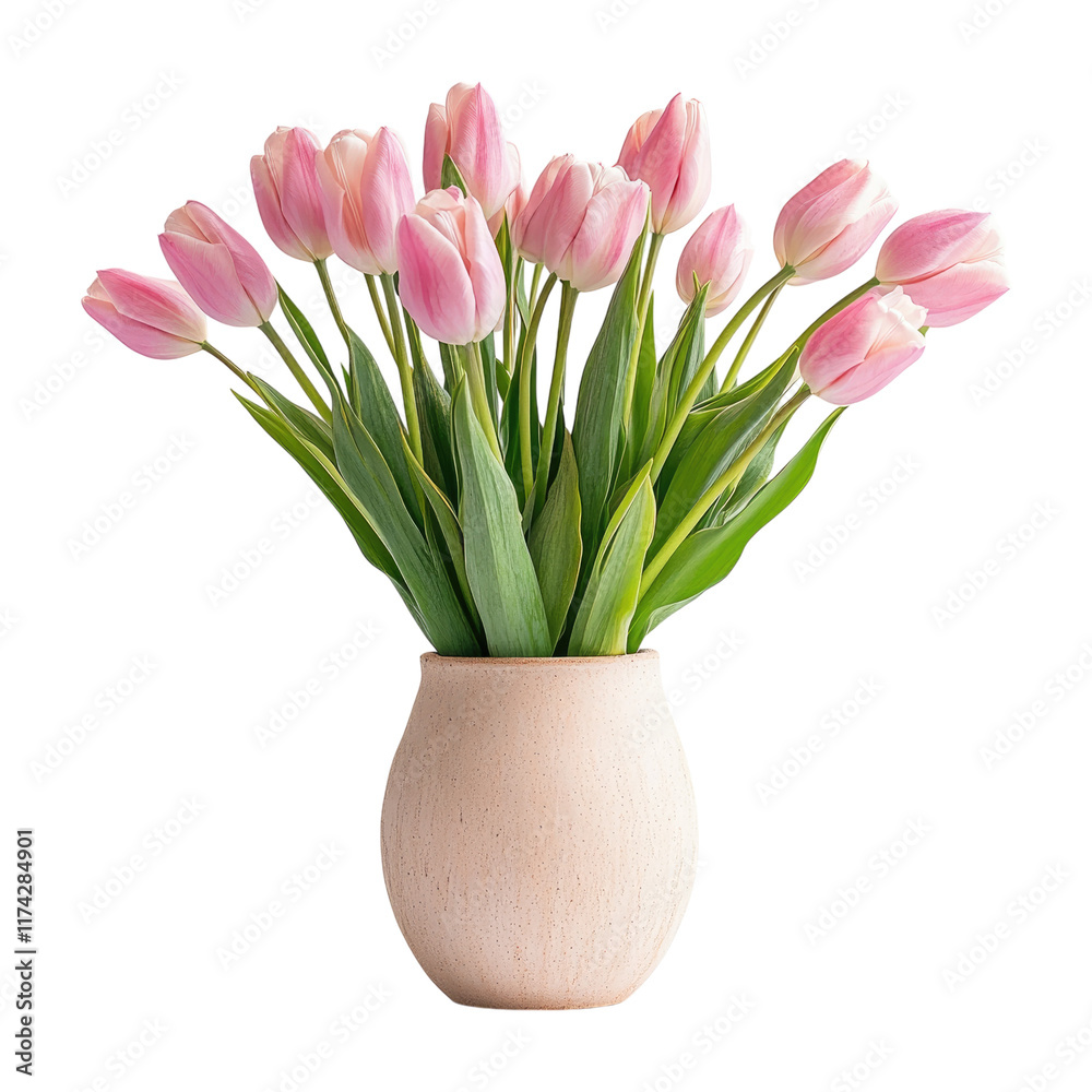 Obraz premium Pink tulip bouquet in a ceramic vase isolated on white or transparent PNG