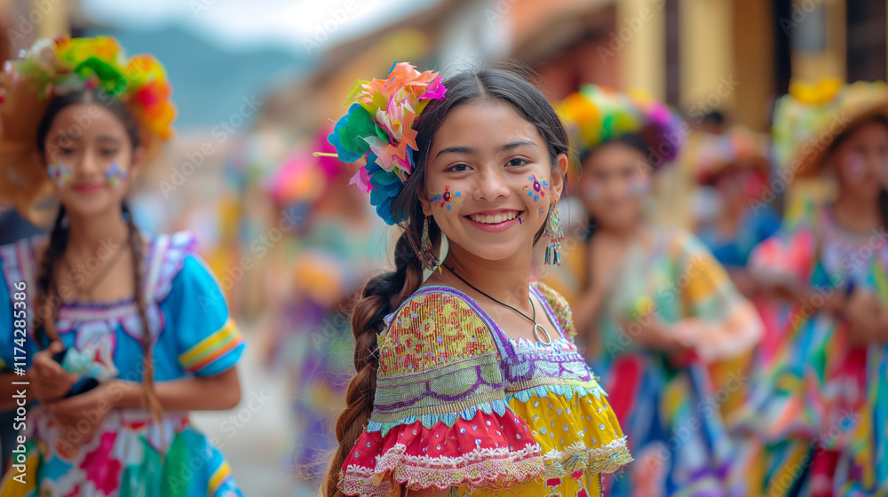 Fototapeta premium cute girls dressed in colorful traditional clothing, celebrating cultural heritage and diversity at a festive event