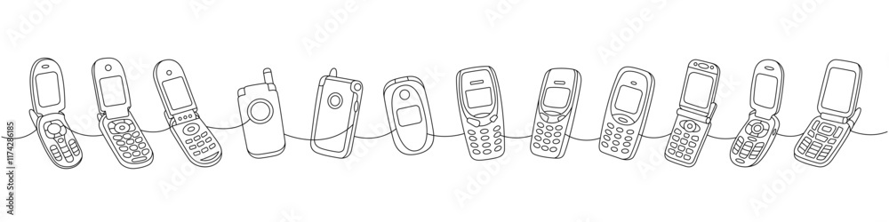 Retro phones one line continuous drawing. Flip mobile phones, smart phone, old mobile phone. Vector linear illustration. Retro phones one line continuous drawing. Flip mobile phones, smart phone, old mobile phone. Vector linear illustration.