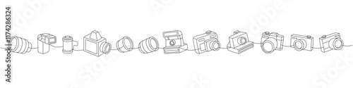 Photo camera set one line continuous drawing. External flash, film roll, vintage camera, photo lens with shutter, instant and film photo camera.