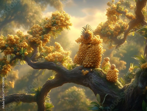 Golden Fruit Tree Spirits: A Whimsical, Sunlit Fantasy Scene photo