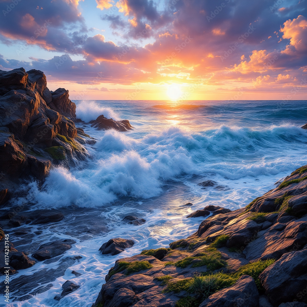 Obraz premium Ocean Waves Crashing on Rocks