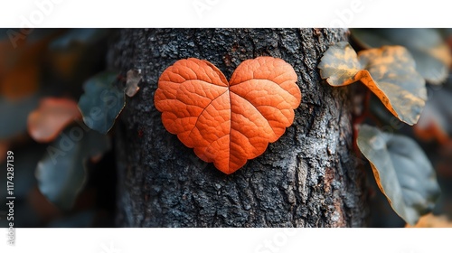 Vibrant Heart Shaped Leaf on Textured Tree Bark Symbolizing Nature s Romance photo