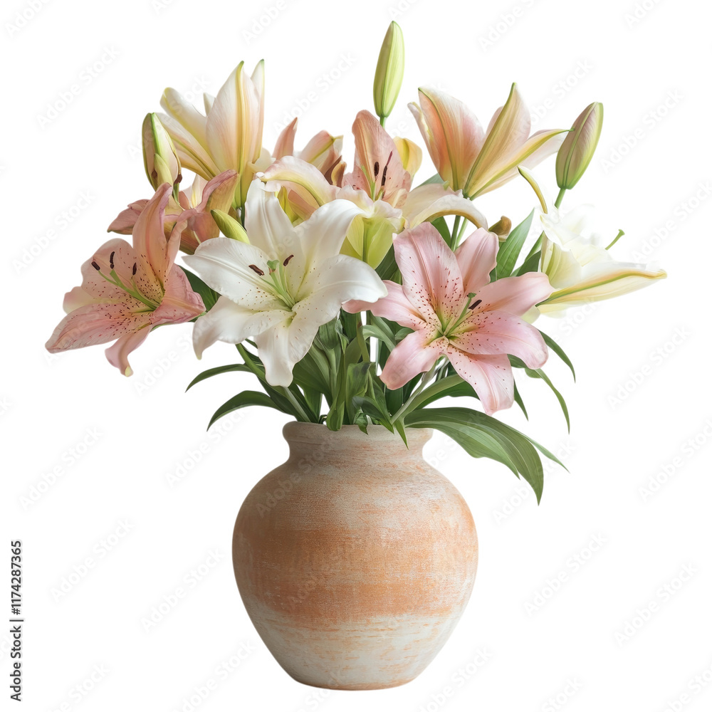 Pink lily bouquet in a rustic ceramic vase isolated on white or transparent PNG