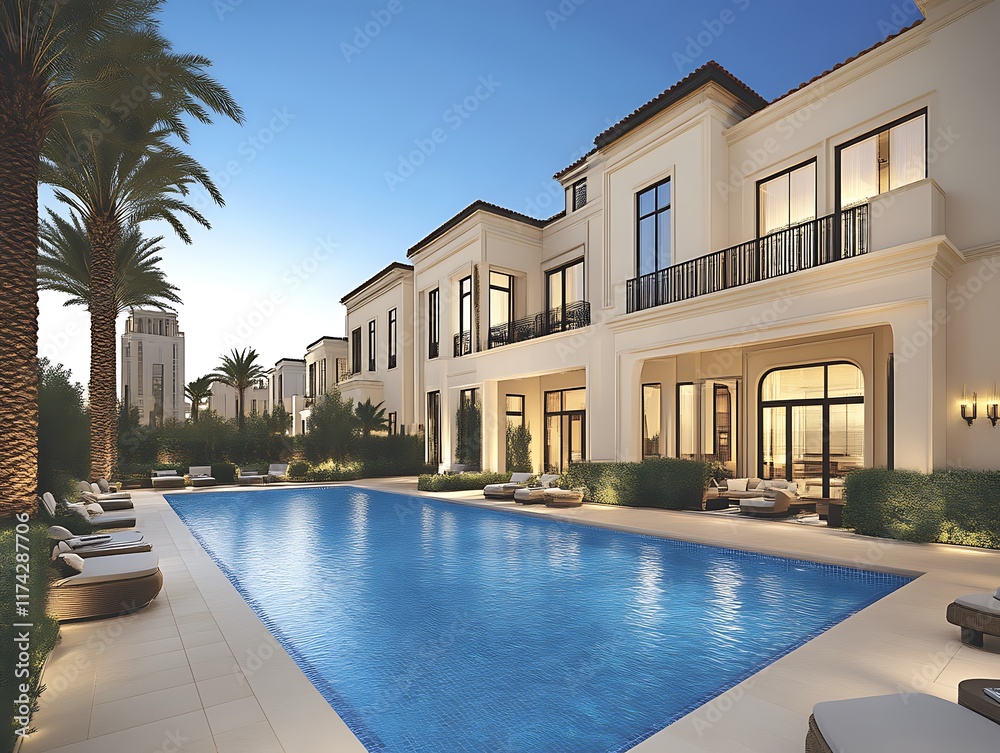 Fototapeta premium Luxury Mediterranean Villa: Evening Poolside Serenity