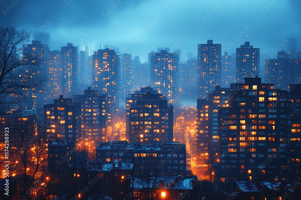 Fototapeta premium Nightfall Cityscape: Illuminated Towers in a Misty Metropolis