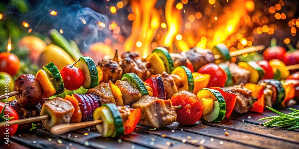 Fototapeta premium Long exposure photography reveals juicy grilled meat skewers and colorful vegetables at the summer BBQ.