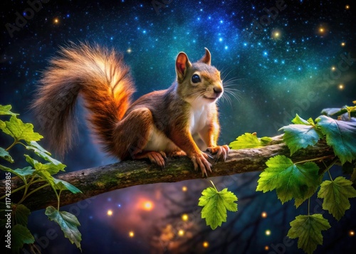 Long exposure reveals nocturnal squirrel acrobatics amongst the treetops â€“ stunning nighttime wildlife photography. photo