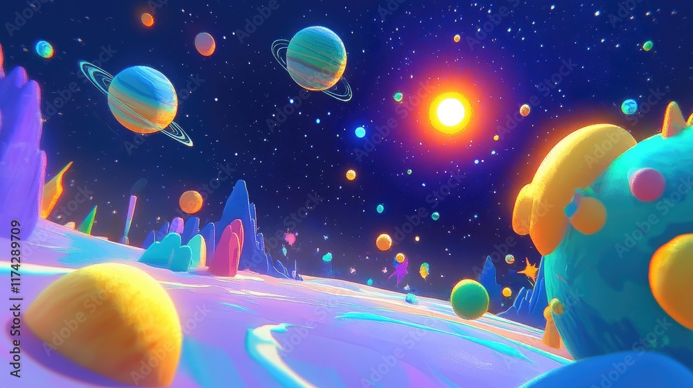 Fototapeta premium Colorful Fantasy Landscape with Planets and Stars in Outer Space
