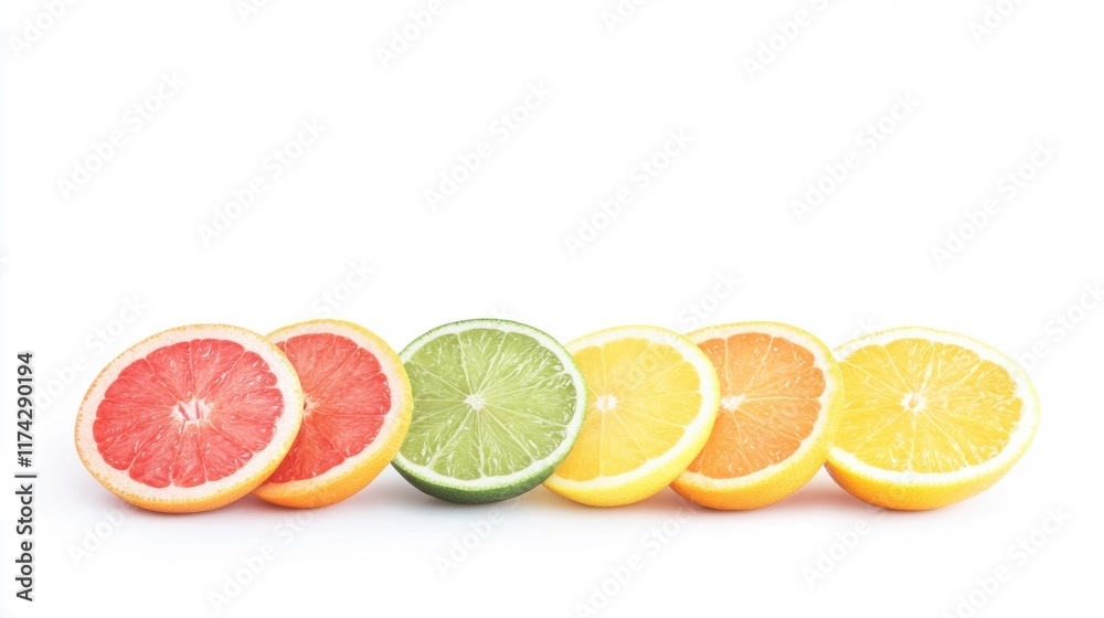 Bright citrus fruit slices including lime, lemon, orange, and grapefruit displayed on a clean white surface, showcasing vibrant colors and textures