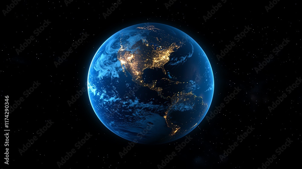 Fototapeta premium Planet Earth glowing at night, global network connectivity showcasing North America, South America, Europe, Africa, Asia, and the Middle East as a unified technological community