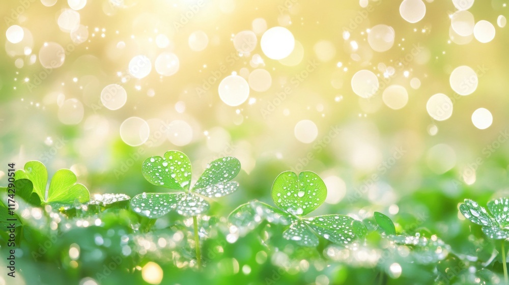 Dew drops sparkle on lush clover leaves under enchanting light, creating a serene atmosphere in the early morning Dew drops sparkle on lush clover leaves under enchanting light, creating a serene atmosphere in the early morning