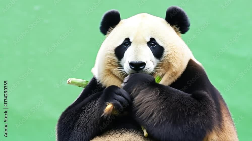 A giant panda munching on bamboo in a green background, showcasing its playful nature and iconic black-and-white fur, a symbol of wildlife conservation and nature.