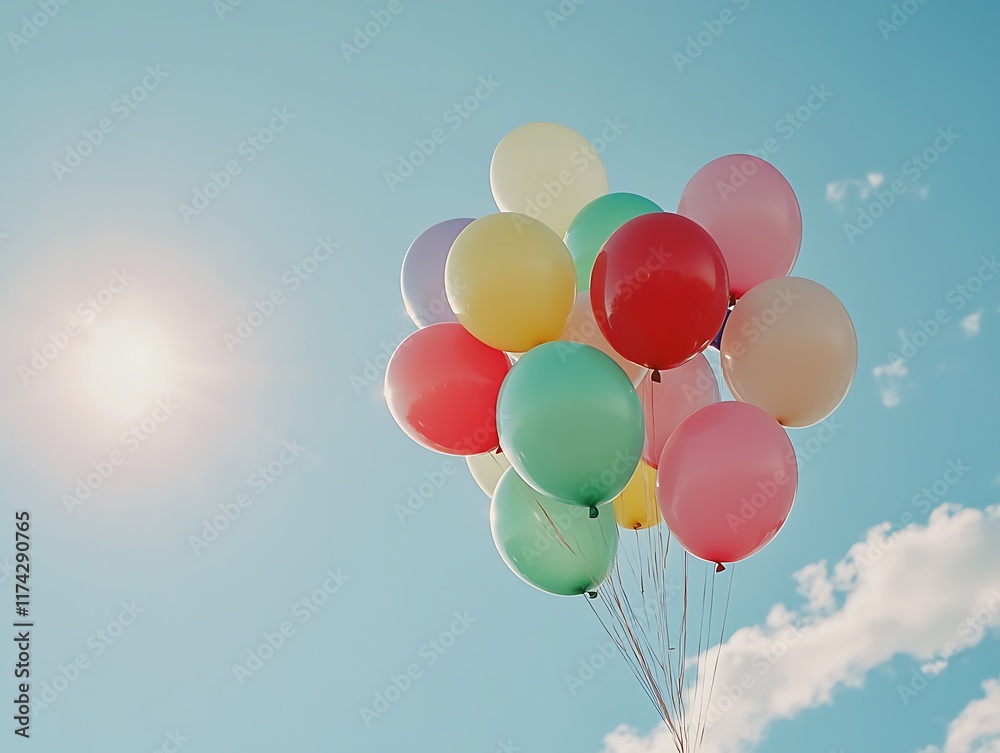 Bright and Colorful Party Balloons Floating Against a Blue Background, Perfect for Celebrations, Birthdays, and Festive Events Bright and Colorful Party Balloons Floating Against a Blue Background, Perfect for Celebrations, Birthdays, and Festive Events