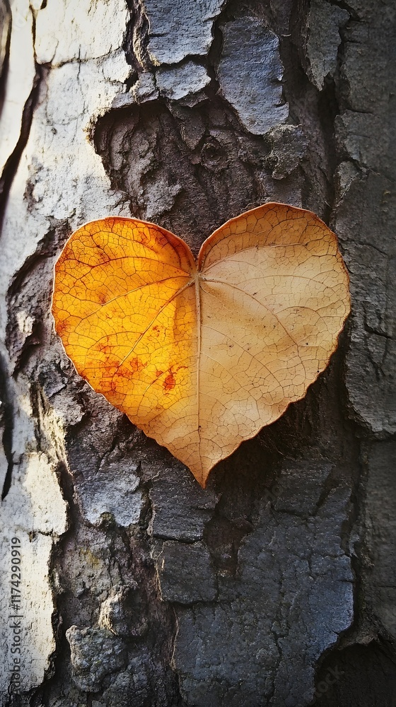 Heart Shaped Autumn Leaf on Textured Tree Bark Heart Shaped Autumn Leaf on Textured Tree Bark