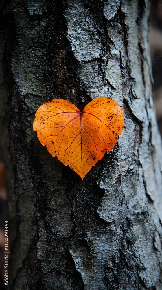 Heart Shaped Autumn Leaf on Textured Tree Bark Background with Sweet Tone Heart Shaped Autumn Leaf on Textured Tree Bark Background with Sweet Tone