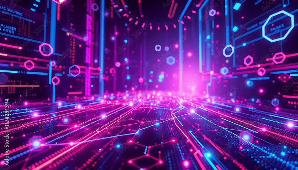 Naklejka premium Neon Digital Highway Glowing Pink Blue Network Data Flow