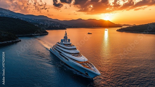 Luxury yacht sailing at sunset, scenic bay.