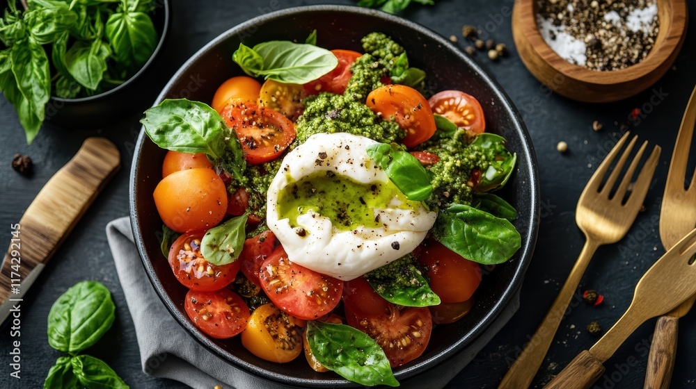 A vibrant salad featuring fresh tomatoes, basil, and creamy burrata, elegantly presented in a dark bowl with spices on the side.