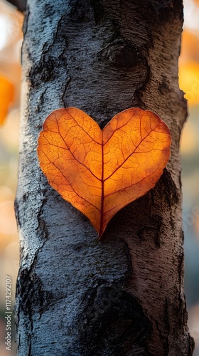 Heart Shaped Autumn Leaf on Tree Bark Romantic Nature Concept photo