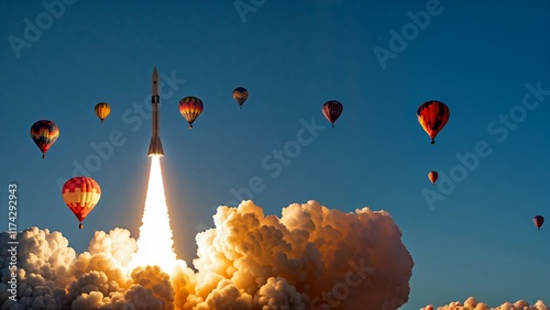 A rocket launches amid hot air balloons against a blue sky.