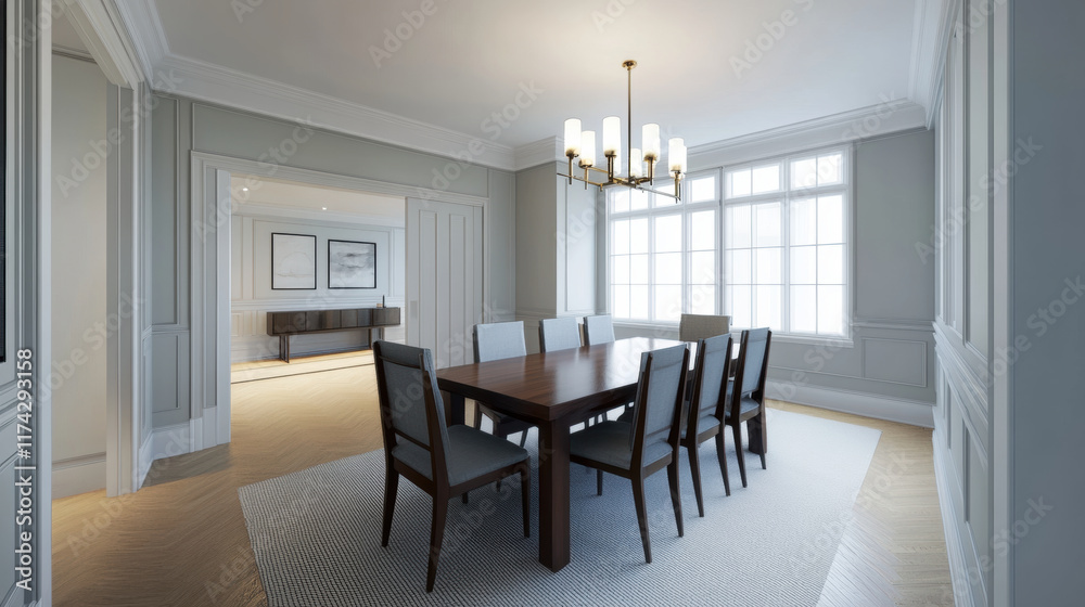Modern dining room with elegant furniture, large windows, and soft lighting Modern dining room with elegant furniture, large windows, and soft lighting