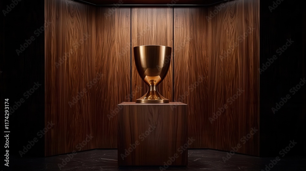 Fototapeta premium Golden trophy display in elegant wood environment dramatic lighting minimalist view