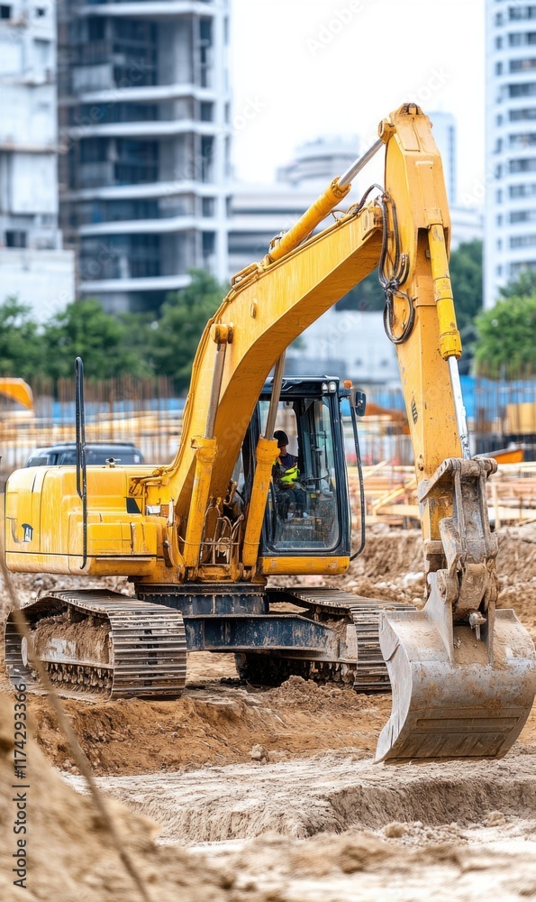 Yellow Excavator Working on Construction Site with Urban Background and Heavy Machinery in Action Yellow Excavator Working on Construction Site with Urban Background and Heavy Machinery in Action