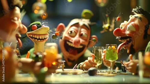 A cheerful scene for April Fools' Day with friends laughing while one of them pulls a harmless prank, like switching drinks or placing fake bugs on the table, creating a fun atmosphere.