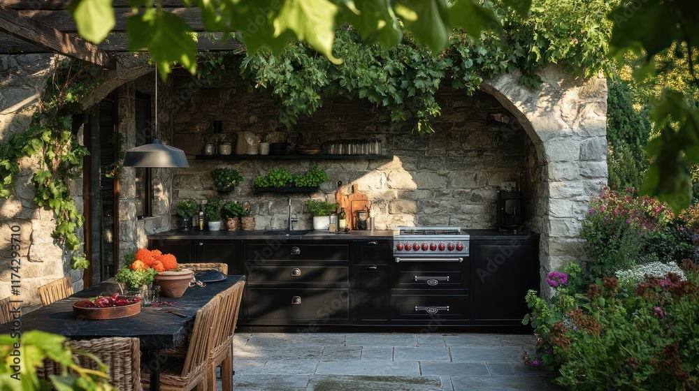 Rustic outdoor kitchen, stone arch, garden setting, sunset Rustic outdoor kitchen, stone arch, garden setting, sunset