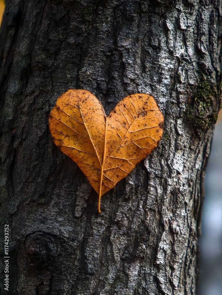Autumnal Heart Shaped Leaf Adorns Textured Tree Trunk Autumnal Heart Shaped Leaf Adorns Textured Tree Trunk