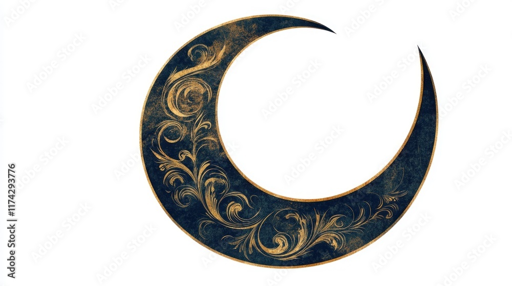 Elegant dark blue crescent moon with gold filigree. Ideal for logo, jewelry, or tattoo design. Adds a touch of mystique and luxury.