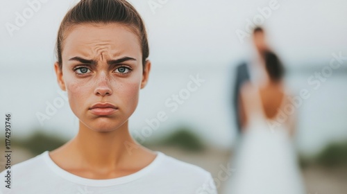 Close up of a very sad girl wearing a white t-shirt as a wedding takes place behind her, capturing deep emotions in the moment Free Download Close up of a very sad girl wearing a white t-shirt as a wedding takes place behind her, capturing deep emotions in the moment - GFXLoad