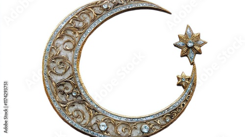 Ornate crescent moon and stars design with gold filigree and sparkling gems. Ideal for Ramadan, Eid, or celestial-themed projects.