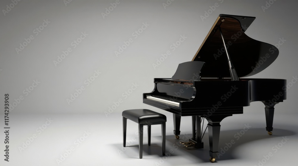 Elegant Black Grand Piano with Bench in a Studio Setting Elegant Black Grand Piano with Bench in a Studio Setting