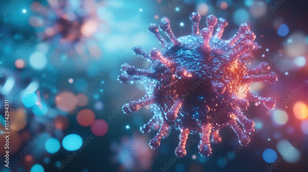 Fototapeta premium Close-up observation of a virus showcasing detailed structure with vibrant colors and distinctive spike formations under microscopic examination