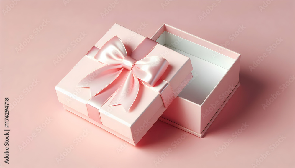 Obraz premium Pink A light pink gift box with a satin finish, featuring a delicate bow on top The box is open, revealin1