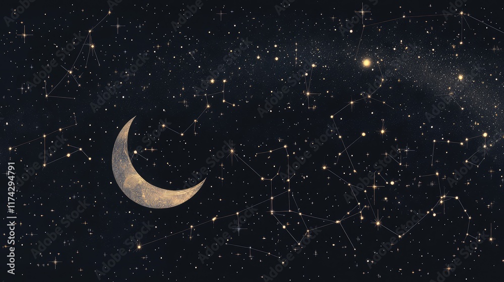 Night Sky with Moon and Constellations in Dark Cosmic Background Night Sky with Moon and Constellations in Dark Cosmic Background