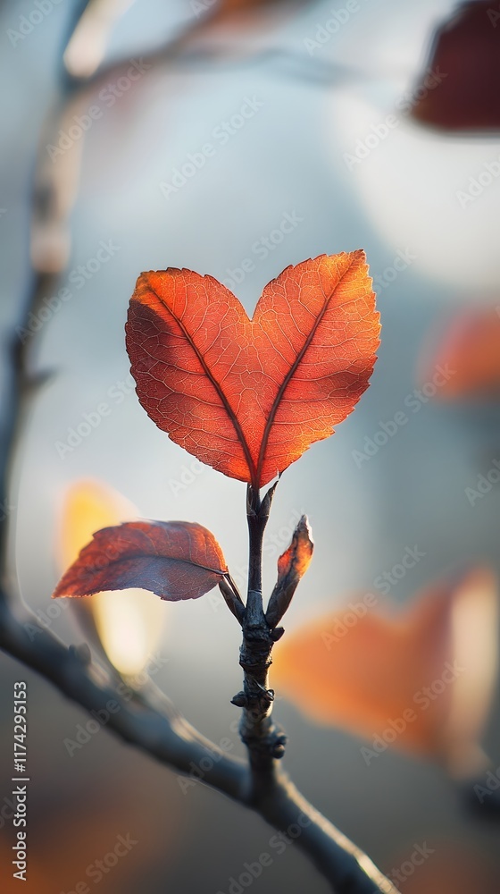 Obraz premium Close up of a Vibrant Red Heart Shaped Leaf on a Delicate Tree Branch
