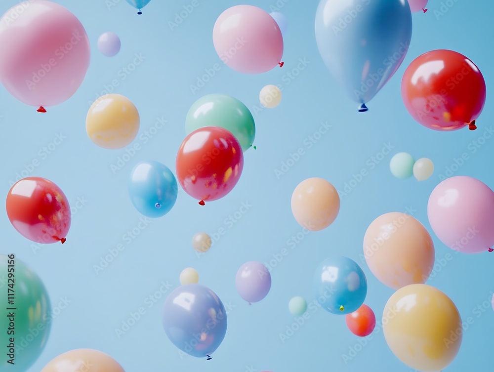 Bright and Colorful Party Balloons Floating Against a Blue Background, Perfect for Celebrations, Birthdays, and Festive Events