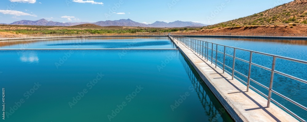 Serene Water Reservoir Under Bright Blue Sky with Mountain View Serene Water Reservoir Under Bright Blue Sky with Mountain View