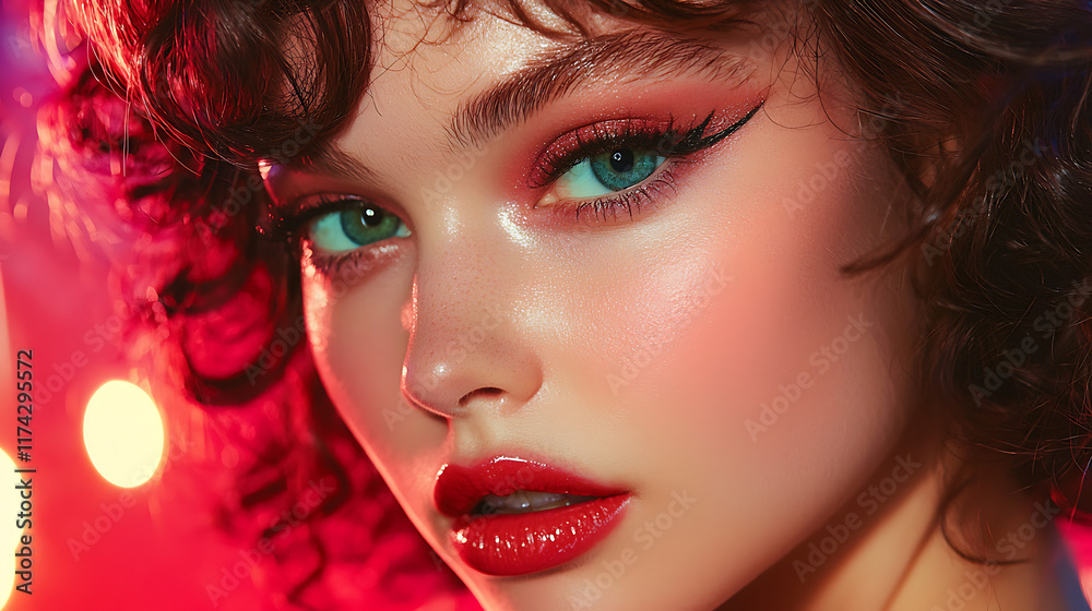 Fototapeta premium A woman with red hair and green eyes is wearing red lipstick