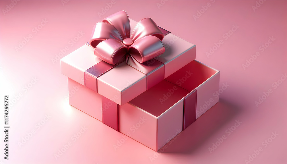 Pink A rectangular pink gift box with a glossy ribbon bow on the floating lid, hovering over the open box4 Pink A rectangular pink gift box with a glossy ribbon bow on the floating lid, hovering over the open box4