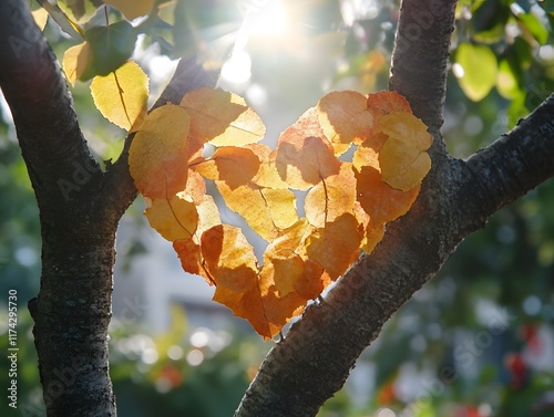 Captivating Heart Shaped Leaves Embrace a Tree s Branches in Warm Autumn Splendor photo