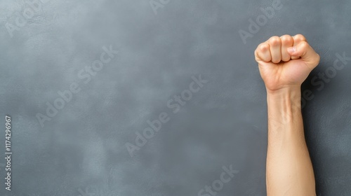 Strong raised fist hand gesture against a textured gray background symbolizing power and determination