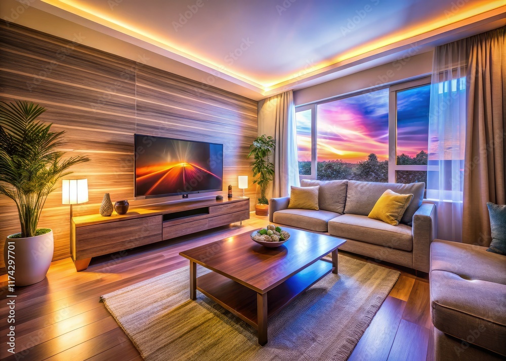 Fototapeta premium Long Exposure Living Room, Cozy Sofa, TV, Night Scene, Ambiance